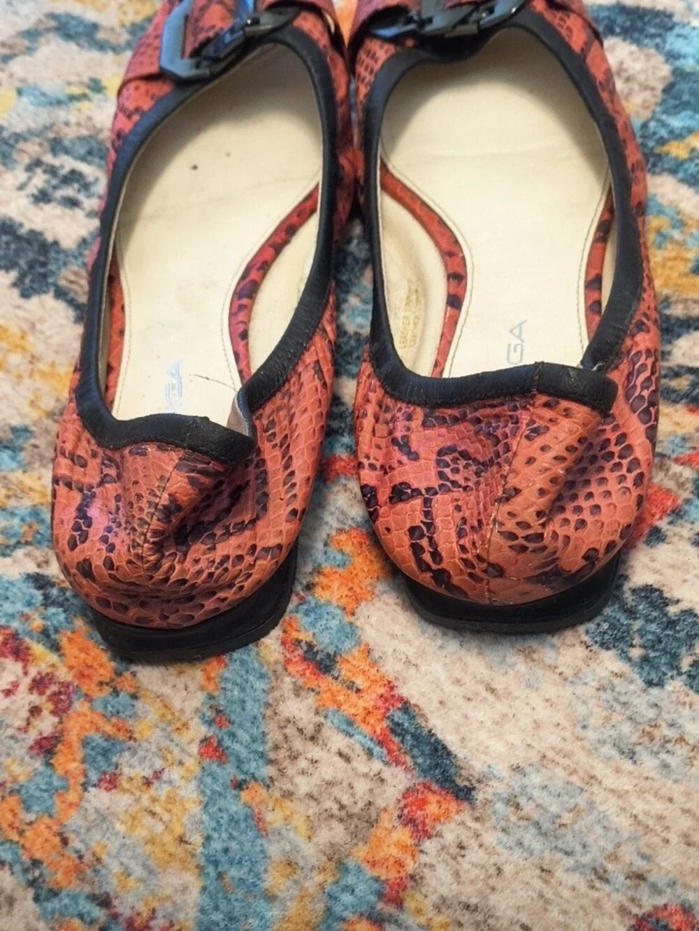 Via Spiga Red Snake-Print Peep-Toe Flats with Buckle 7M